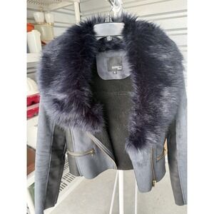 Barneys Originals Womens Size 12 Faux Shearling Moto Jacket Fur Collar Gray